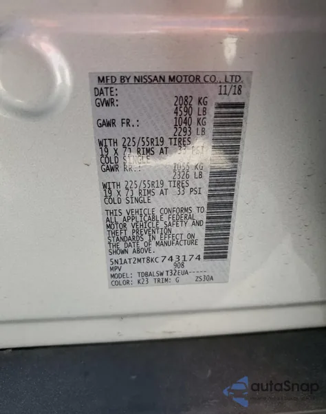 2019 Nissan Rogue Sl из США, поврежденный, VIN 5N1AT2MT8KC743174